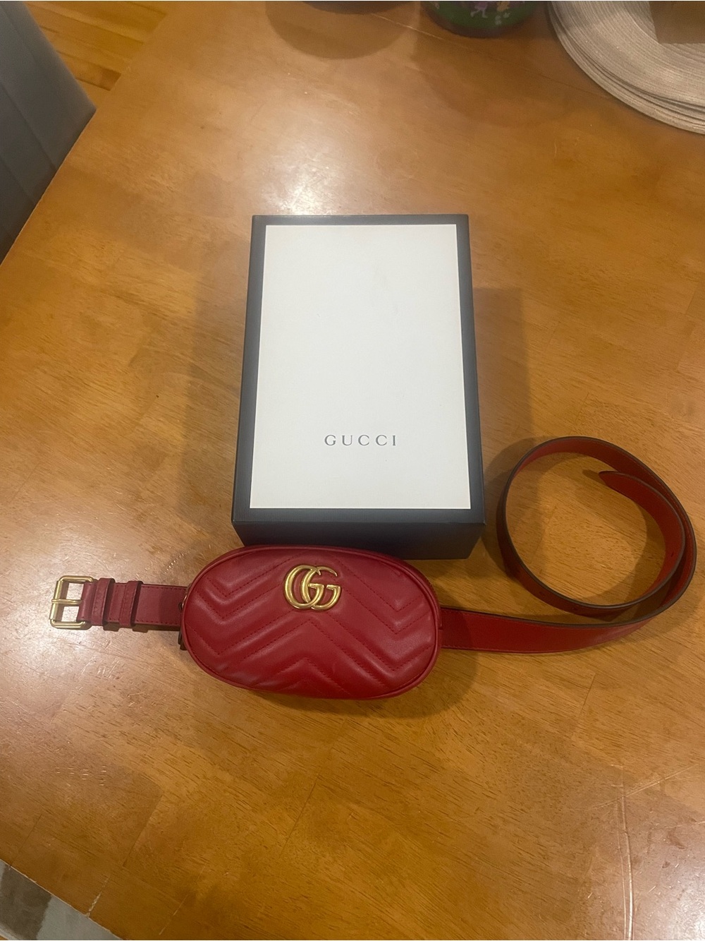Gucci Red Leather Marmont Belt Bag with Gold Double G
